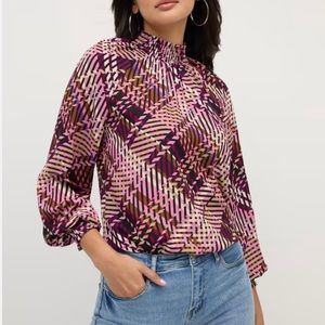New York & Company Plaid Pleated Mock Neck Blouse XL
